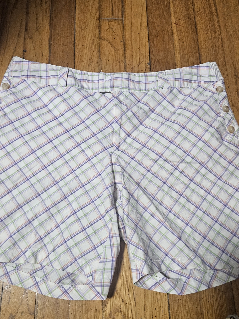 Greg Norman Collection White Plaid Bermuda Shorts with Purple & Green Stripes